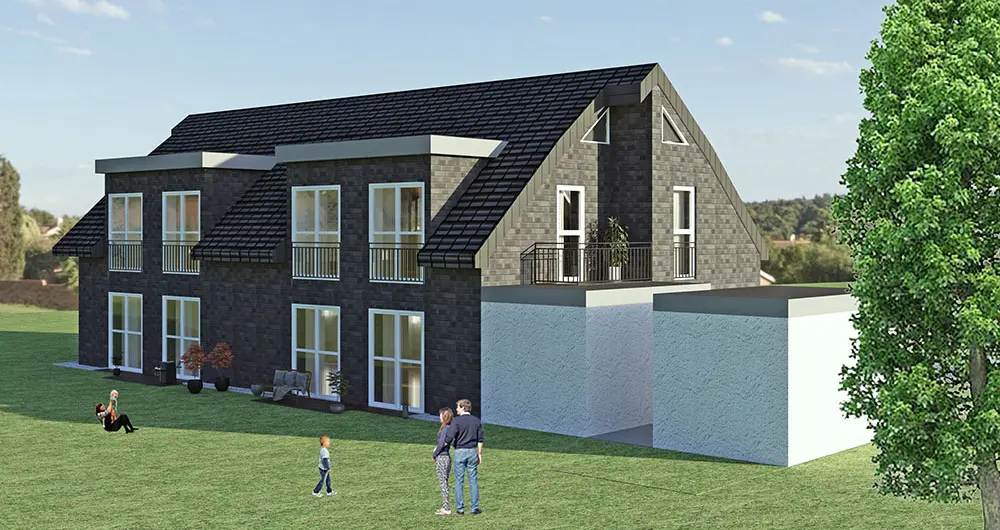 3D-Visualisierung Mehrfamilienhaus mit schwarzem Klinker